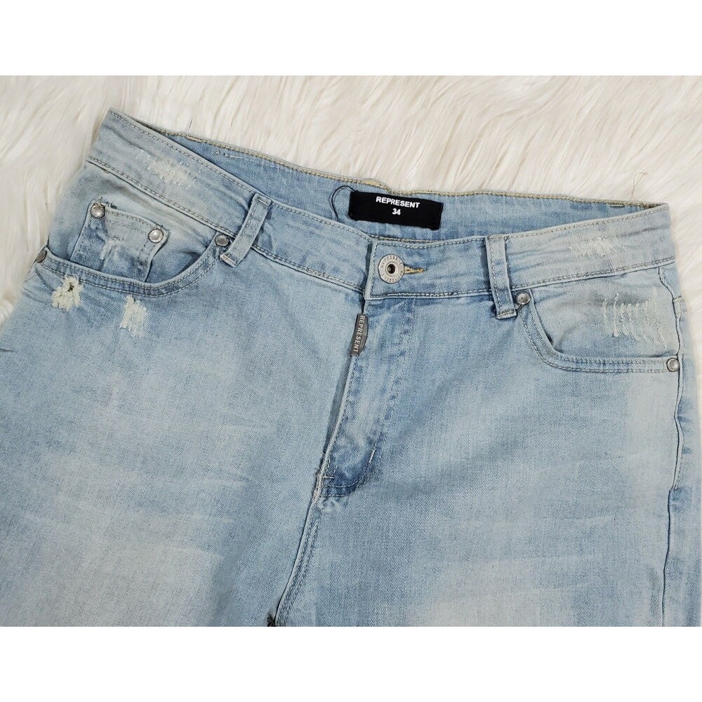 Represent Mens Destroyed Skinny Jeans Light Blue Slim Fit Ripped Denim SZ 34x28